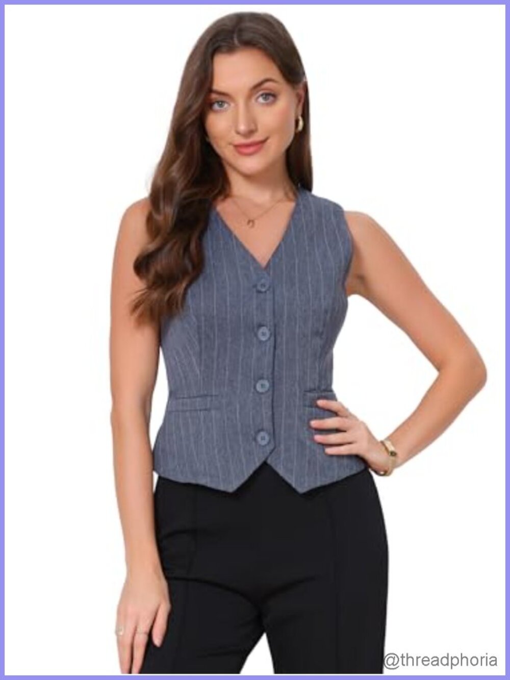 Allegra K Women's Striped Sleeveless V-Neck Waistcoat with Pockets & Adjustable